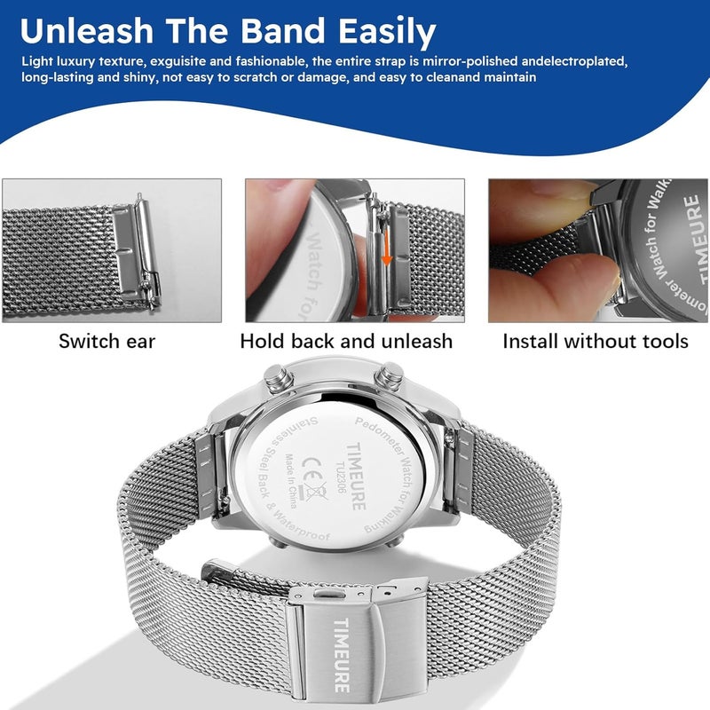 TIMEURE Men's Pedometer Watch with Stainless Steel Bracelet,Step Counter Watch No App, No Charging Needed for Ourdoor Walking, Calorie, Distance, Alarm, Countdown Timer Watch TU-2306B - Image 5